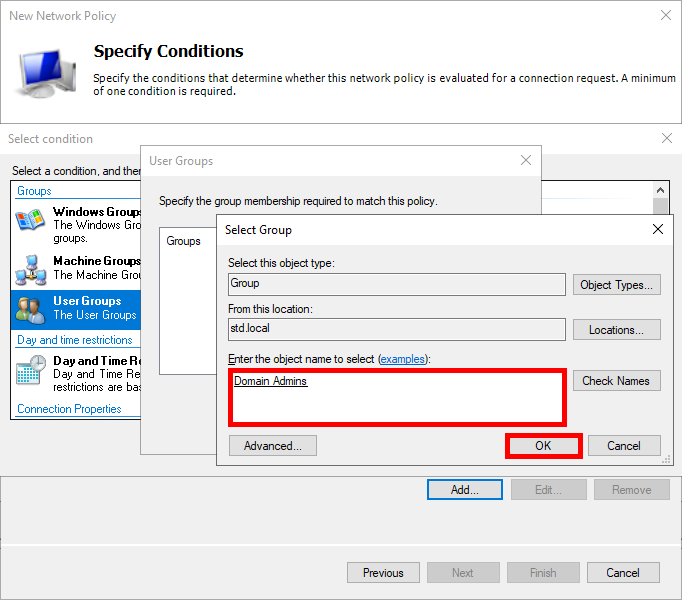 Configuration de NPS sur Windows Server montrant la sélection du groupe 'Domain Admins' comme condition dans une stratégie réseau, sous le paramètre 'Groupes d’utilisateurs'.