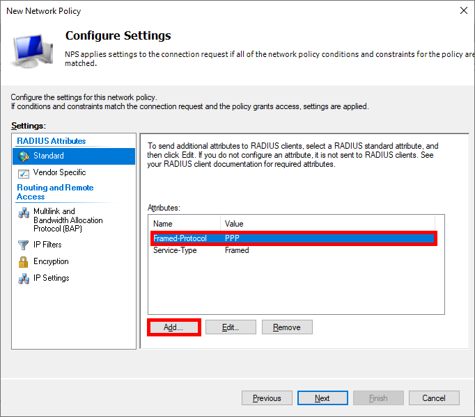 Fenêtre de configuration d’une stratégie NPS affichant les attributs RADIUS avec Framed-Protocol défini sur PPP et Service-Type sur Framed.