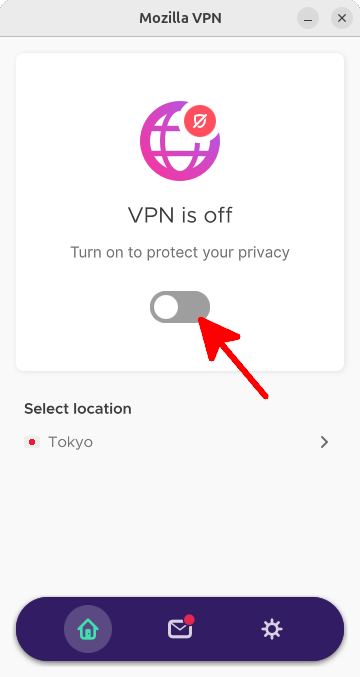 Interface graphique de Mozilla VPN avec bouton d’activation et sélection du serveur Application de bureau Mozilla VPN affichant le bouton d’activation et le serveur Tokyo sélectionné