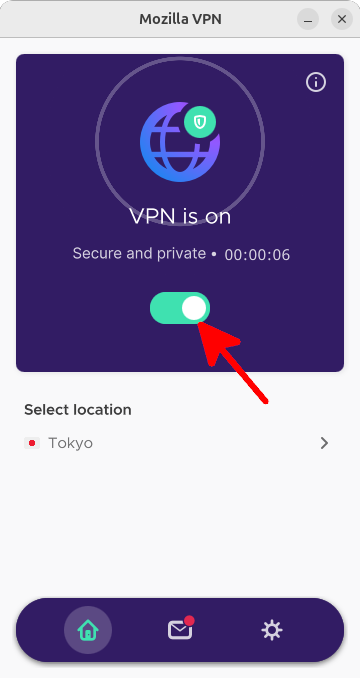 Interface Mozilla VPN affichant une connexion VPN active prête à être désactivée Application de bureau Mozilla VPN affichant une connexion active et sécurisée au serveur Tokyo avec le bouton activé