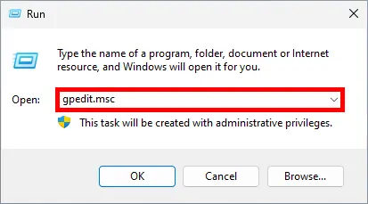 Screenshot of the Windows Run dialog box with 'gpedit.msc' typed in, indicating administrative privileges will be used to open the Group Policy Editor.