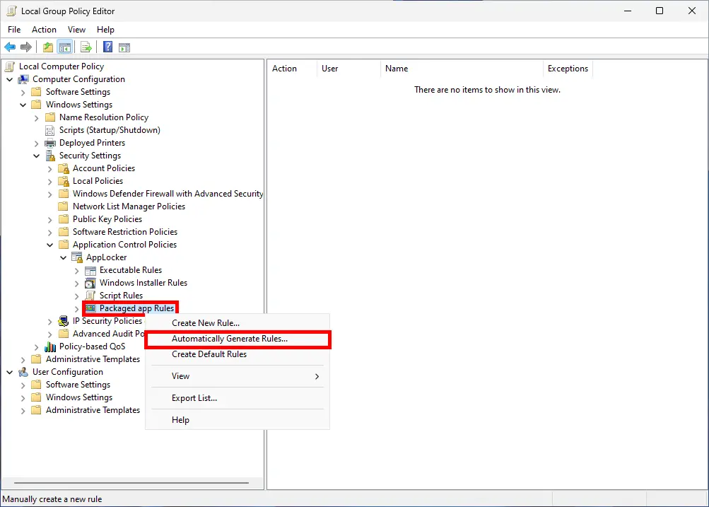 Screenshot of the Local Group Policy Editor in Windows, showing the AppLocker settings under Computer Configuration. The context menu for Packaged app Rules is open with options to Create New Rule, Automatically Generate Rules, Create Default Rules, View, Export List, and Help.