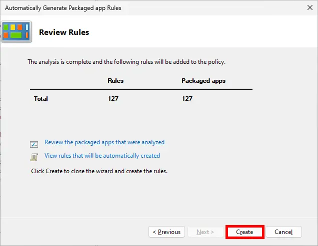 Screenshot of the Automatically Generate Packaged app Rules wizard. Review rules step.