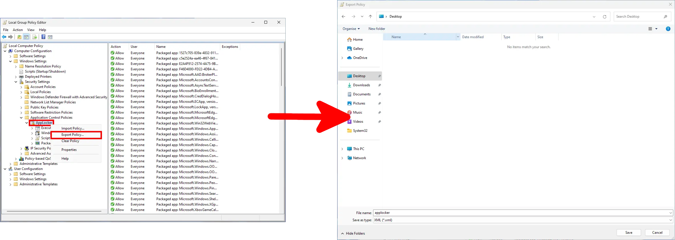 Screenshot showing the Local Group Policy Editor with AppLocker settings selected and the context menu option 'Export Policy' highlighted. An arrow points to the file save dialog on the right side of the screen, where the policy is being saved as 'applocker.xml' to the Desktop.