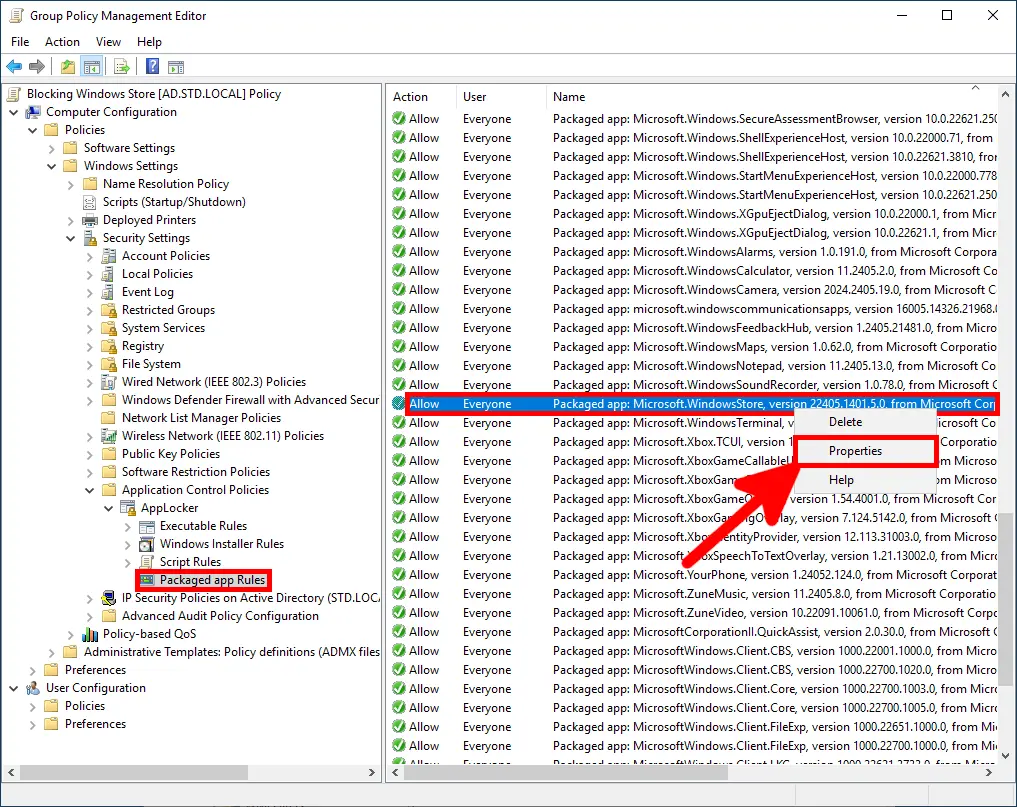 Screenshot showing the Group Policy Management Editor with Packaged app Rules under AppLocker selected. A specific rule for 'Microsoft.WindowsStore' is highlighted, and an arrow points to the context menu where 'Properties' is selected.