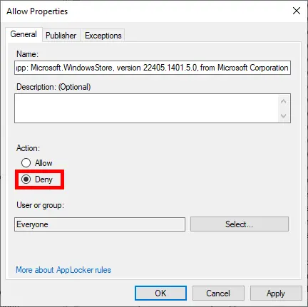 Screenshot of the Allow Properties dialog in the Group Policy Management Editor. The dialog shows properties for 'Microsoft.WindowsStore' with the Action set to 'Deny'. The dialog includes fields for Name, Description, User or group, and buttons for OK, Cancel, and Apply.