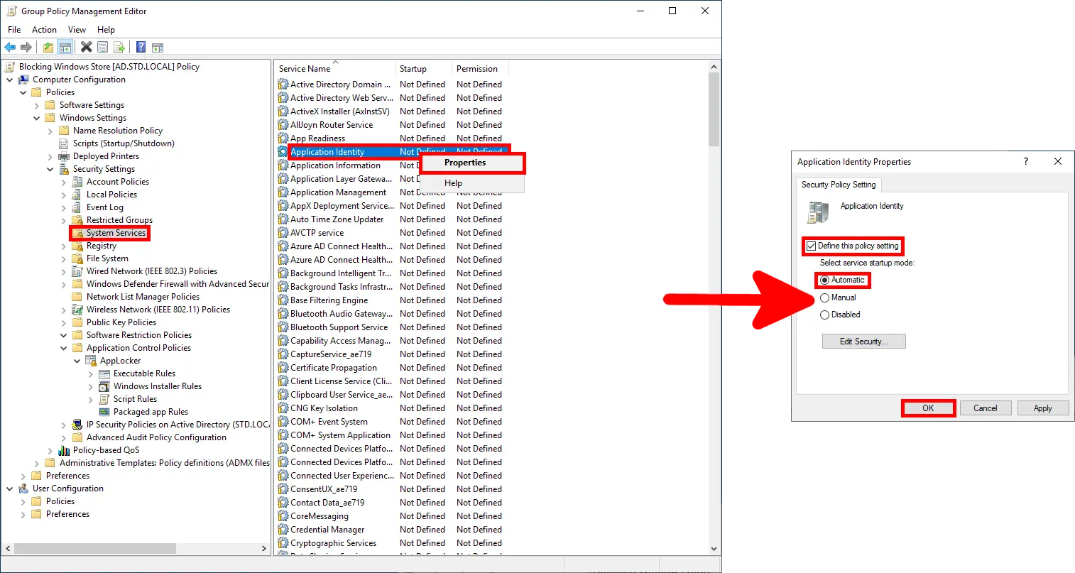 Screenshot showing the Group Policy Management Editor with Application Identity under System Services selected. The context menu option 'Properties' is highlighted. An arrow points to the Application Identity Properties dialog, where 'Define this policy setting' is checked and 'Automatic' is selected for the service startup mode. The OK button is highlighted.
