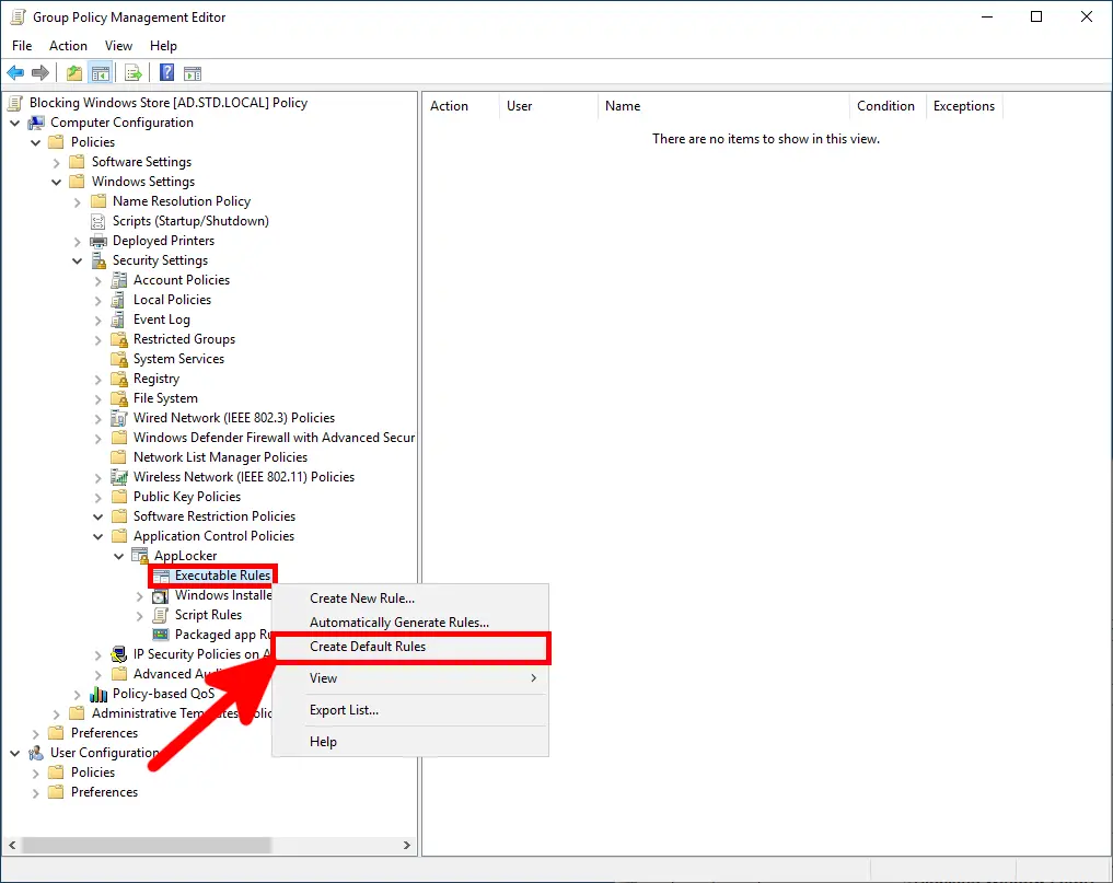 Screenshot showing the Group Policy Management Editor with Executable Rules under AppLocker selected and the context menu option 'Create Default Rules' highlighted.