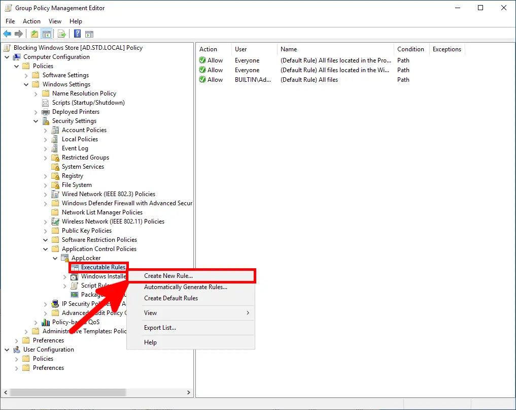 Screenshot showing the Group Policy Management Editor with Executable Rules under AppLocker selected and the context menu option 'Create New Rule' highlighted. The default rules for executable files are displayed in the right pane.