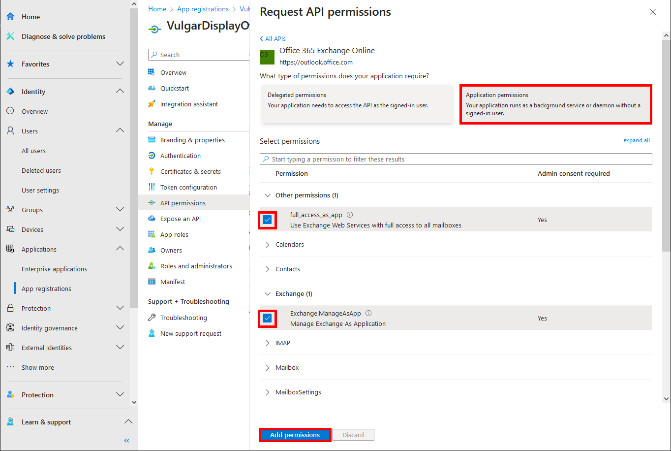 Microsoft Entra Request API permissions menu setting permissions for Office 365 Exchange