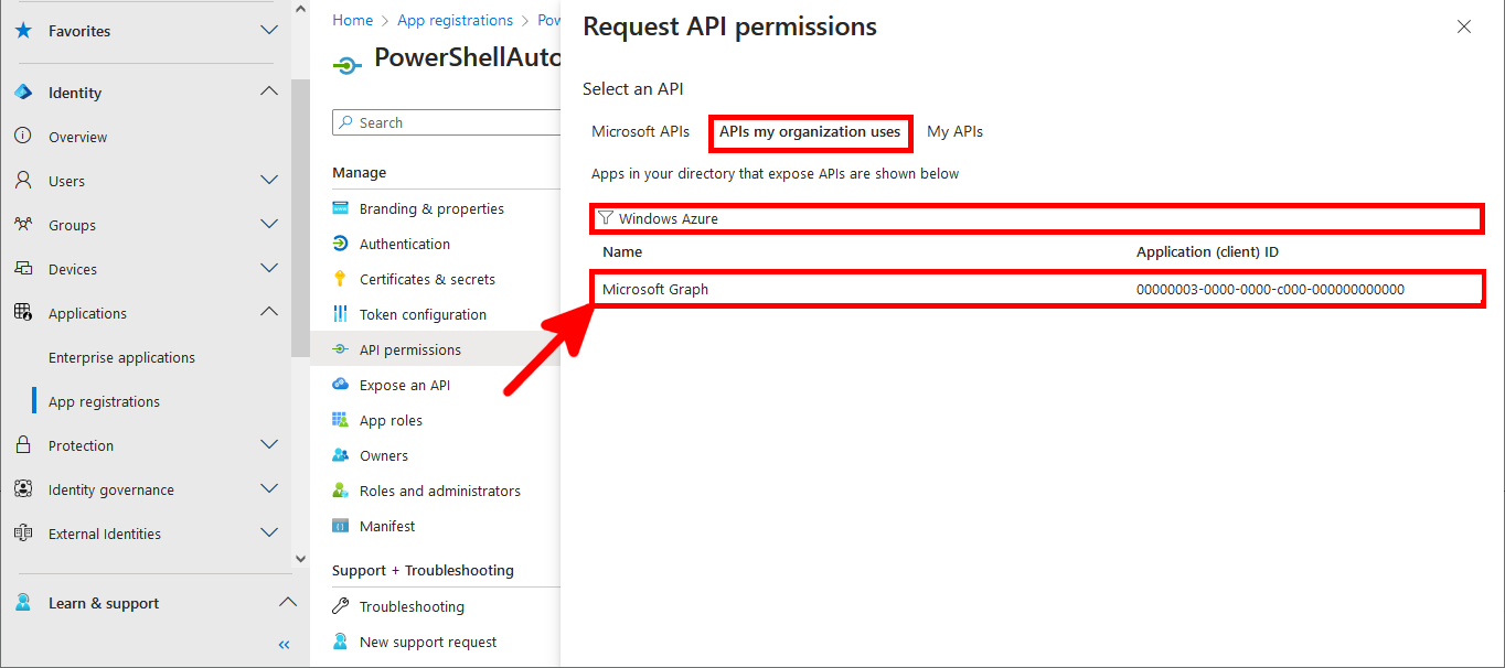 Microsoft Entra Request API permissions menu setting permissions for Azure Active Directory