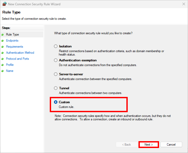 New Connection Security Rule Wizard window with custom option selected