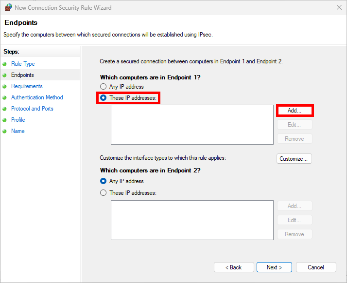 New Connection Security Rule Wizard window, Endpoints step