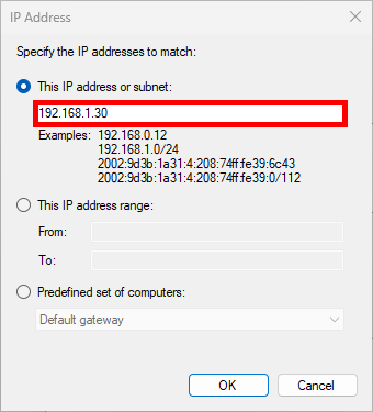 IP Address window, with network 192.168.1.30 filled in