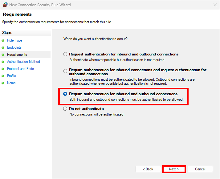 New Connection Security Rule Wizard window, Requirements step