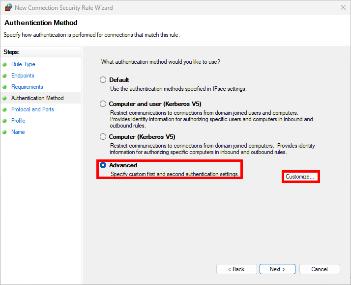 New Connection Security Rule Wizard window, Authentication Method step
