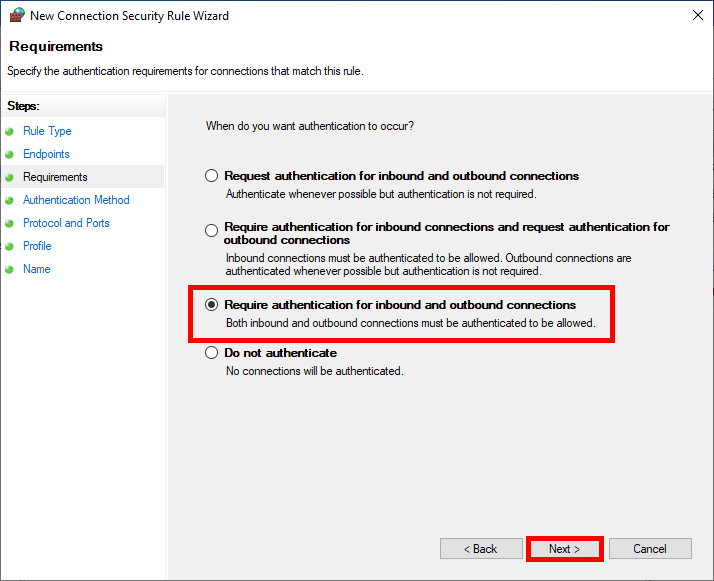 New Connection Security Rule Wizard window, Requirements step