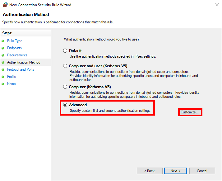 New Connection Security Rule Wizard window, Authentication Method step