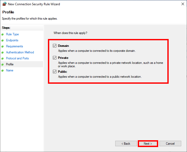 New Connection Security Rule Wizard window, Profile step
