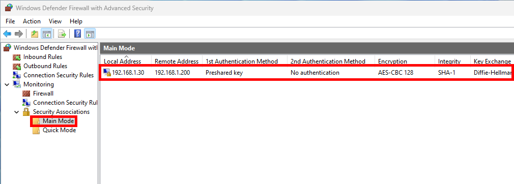 Windows Defender Firewall with Advanced Security console inside the security associations menu