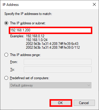 IP Address window, with network 192.168.1.0/24 filled in