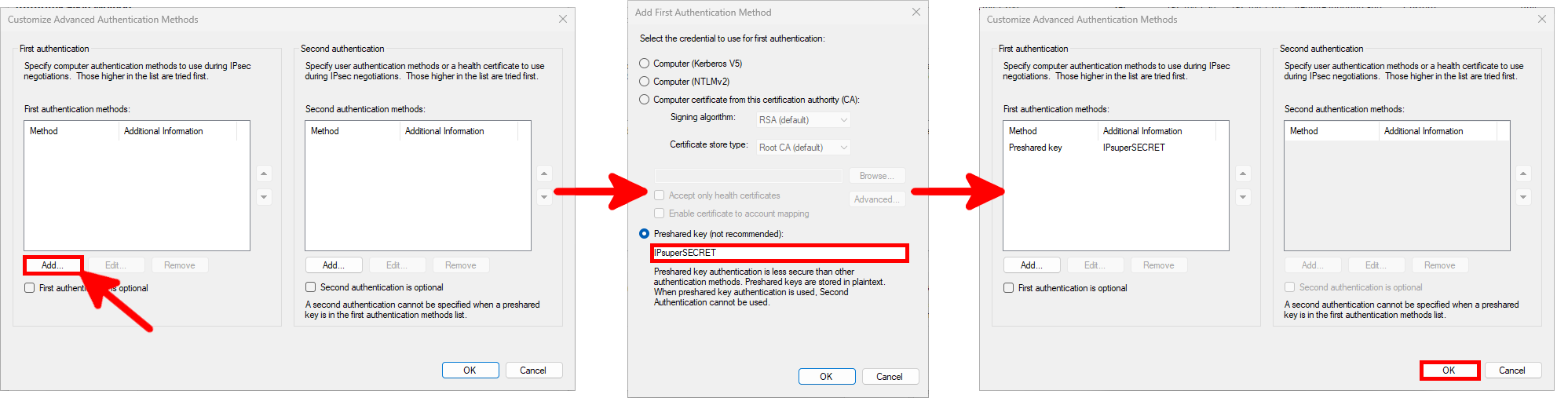 New Connection Security Rule Wizard window, the three steps to set the Preshared key