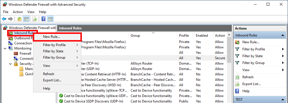Windows Defender Firewall with Advanced Security console with the Inbound rules drop-down menu