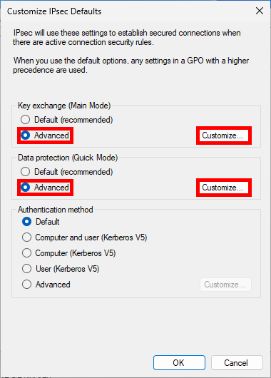Windows Defender Firewall with Advanced Security, Customize IPsec Defaults window