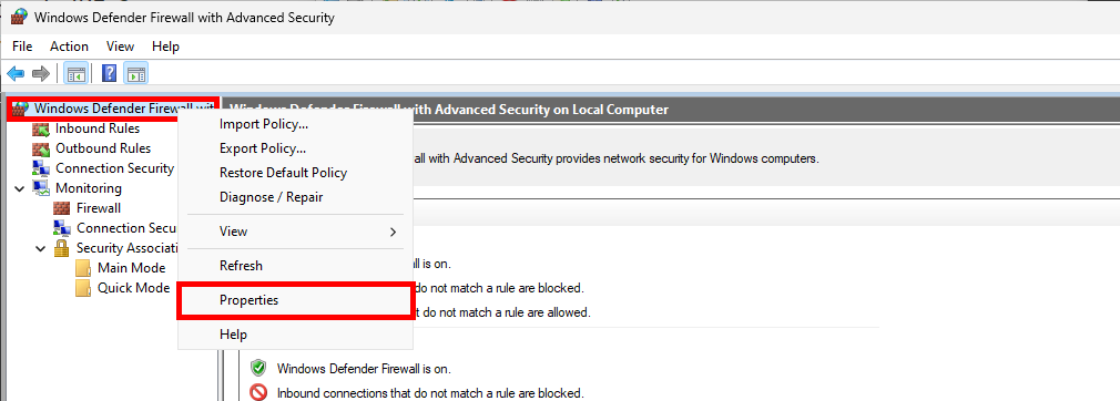 Windows Defender Firewall with Advanced Security console