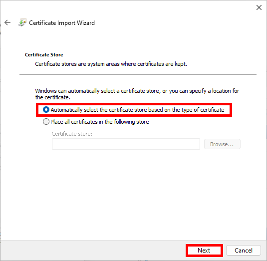 Certificate Import Wizard, Certificate Store Step