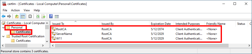 Windows Local Computer Certificates Manager with the Personal Certificates folder opened