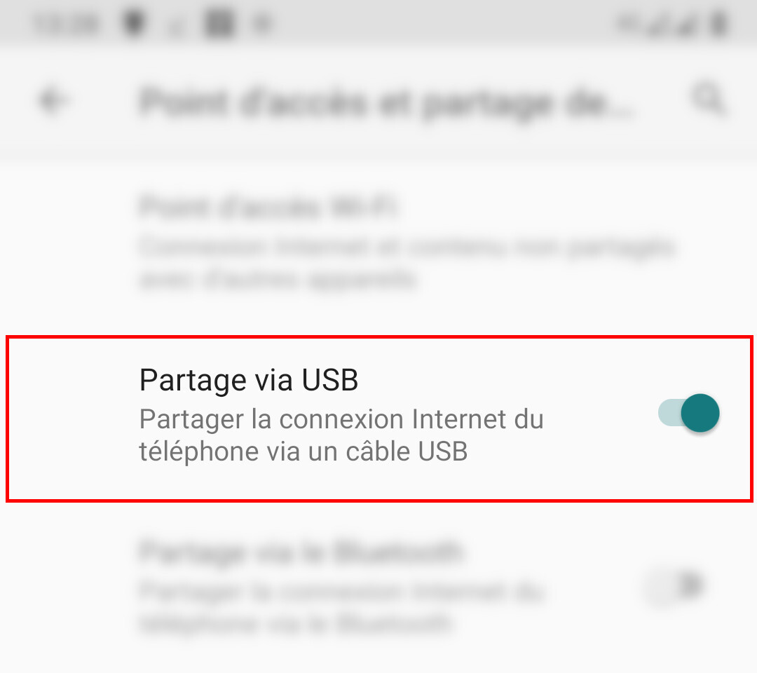 Android menu Partage via USB on