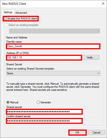 Fenêtre de configuration d'un nouveau client RADIUS dans le Network Policy Server (NPS) de Windows, affichant les champs Nom, Adresse IP et Secret partagé