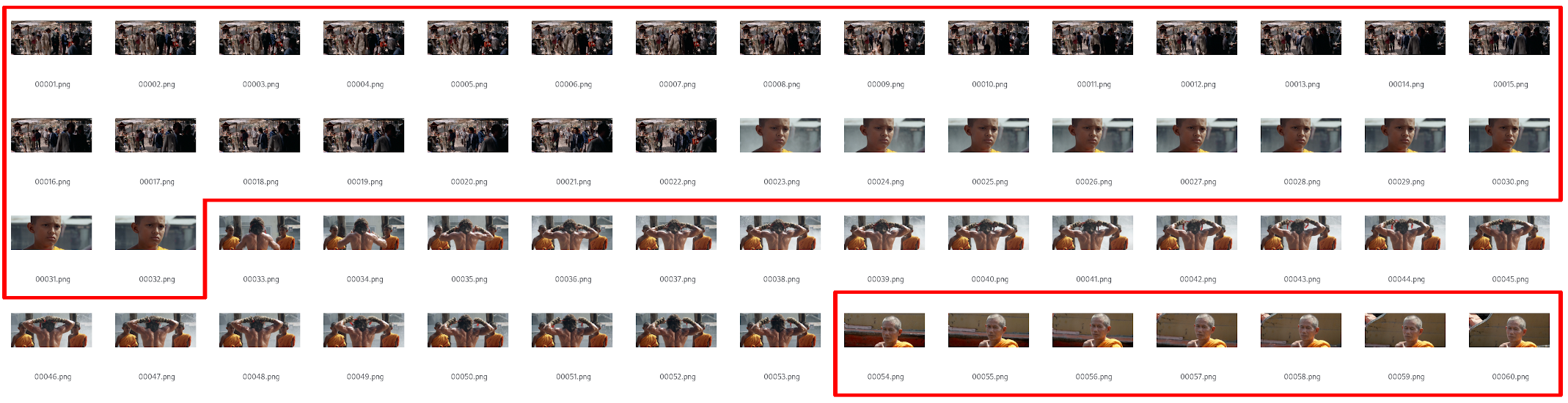 Capture d'écran montrant des images vidéo extraites de Rambo III, avec les images indésirables marquées manuellement en rouge pour être supprimées avant la création d'un GIF.