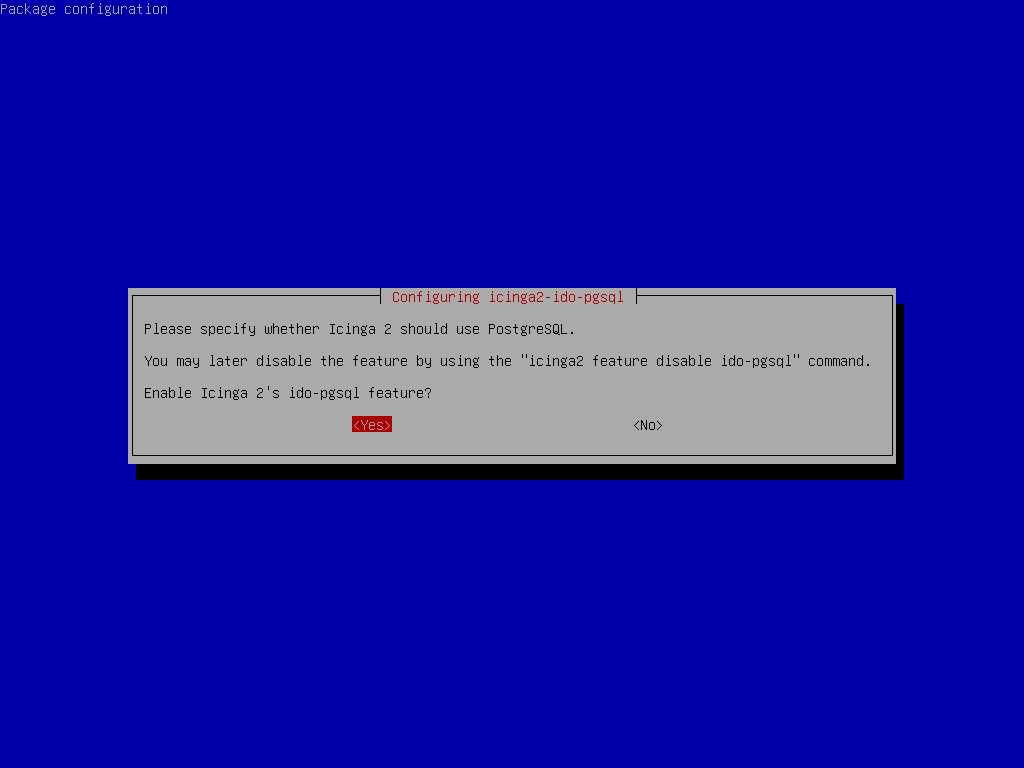 Écran de configuration du paquet Debian demandant l’activation de la fonctionnalité ido-pgsql d’Icinga2 (backend PostgreSQL).