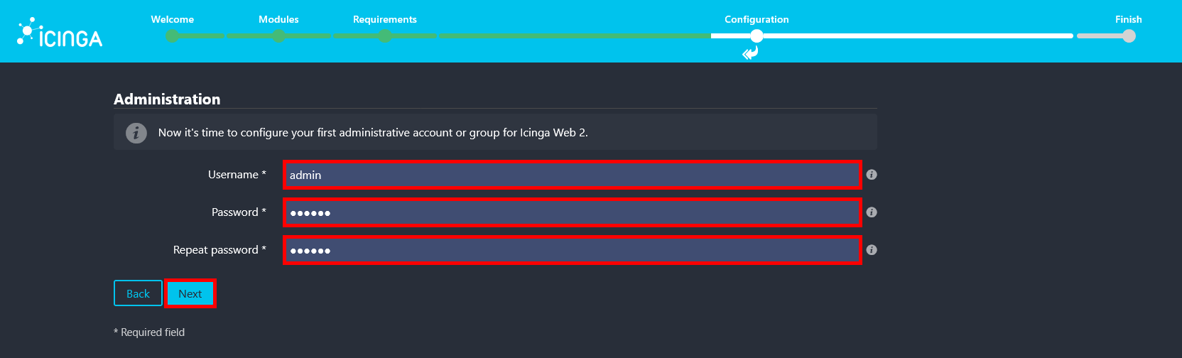 Écran de création du compte administrateur initial pour Icinga Web 2.