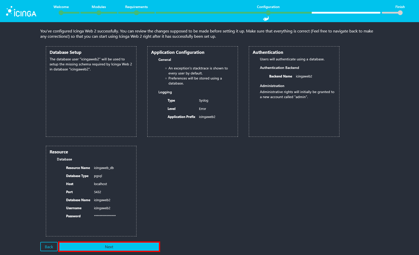 Écran de récapitulatif de la configuration d’Icinga Web 2 présentant les paramètres d’authentification, de base de données et d’application.