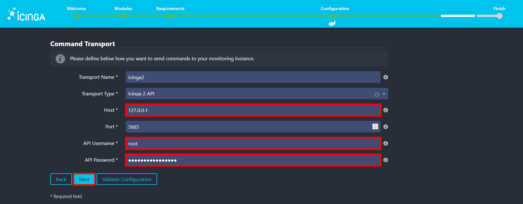 Écran de configuration du transport des commandes d’Icinga Web 2 utilisant l’API Icinga2 sur localhost avec des identifiants API.
