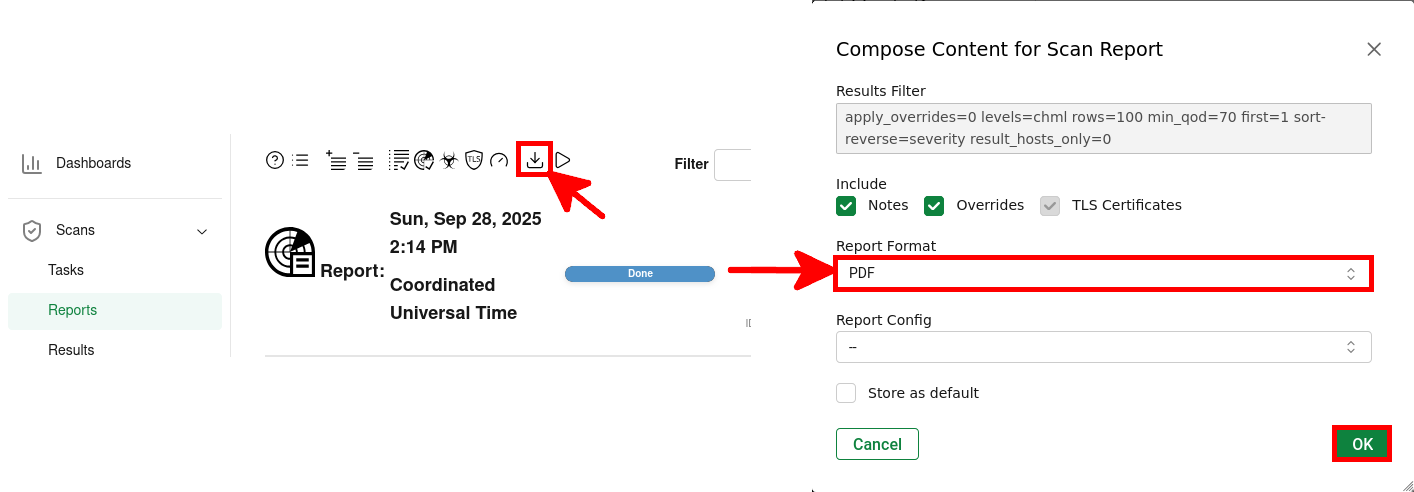 Interface web de GVM montrant comment exporter un rapport de scan de vulnérabilités au format PDF