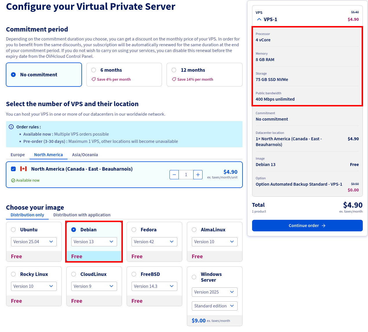 Capture d’écran d’une configuration VPS OVHcloud affichant Debian 13 avec 4 vCores, 8 Go de RAM, 75 Go de SSD et 400 Mbit/s de bande passante, adaptée à l’hébergement d’un serveur mail Postfix et Dovecot.