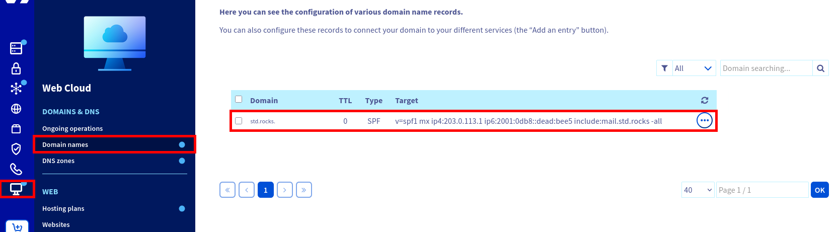 Capture d’écran du tableau de bord DNS OVHcloud affichant un enregistrement SPF pour le domaine std.rocks, autorisant certaines adresses IP et serveurs à envoyer des e-mails.
