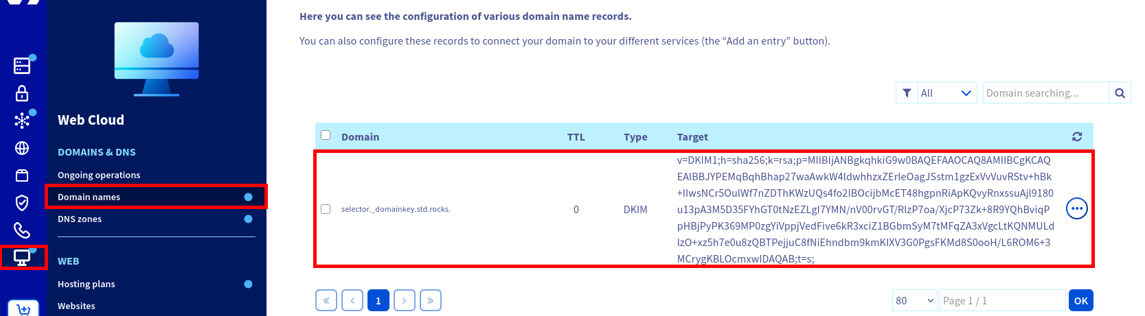 Capture d’écran du tableau de bord DNS OVHcloud affichant un enregistrement DKIM avec le sous-domaine selector._domainkey, la version DKIM, le type de clé RSA et la clé publique encodée en base64 pour le domaine std.rocks.