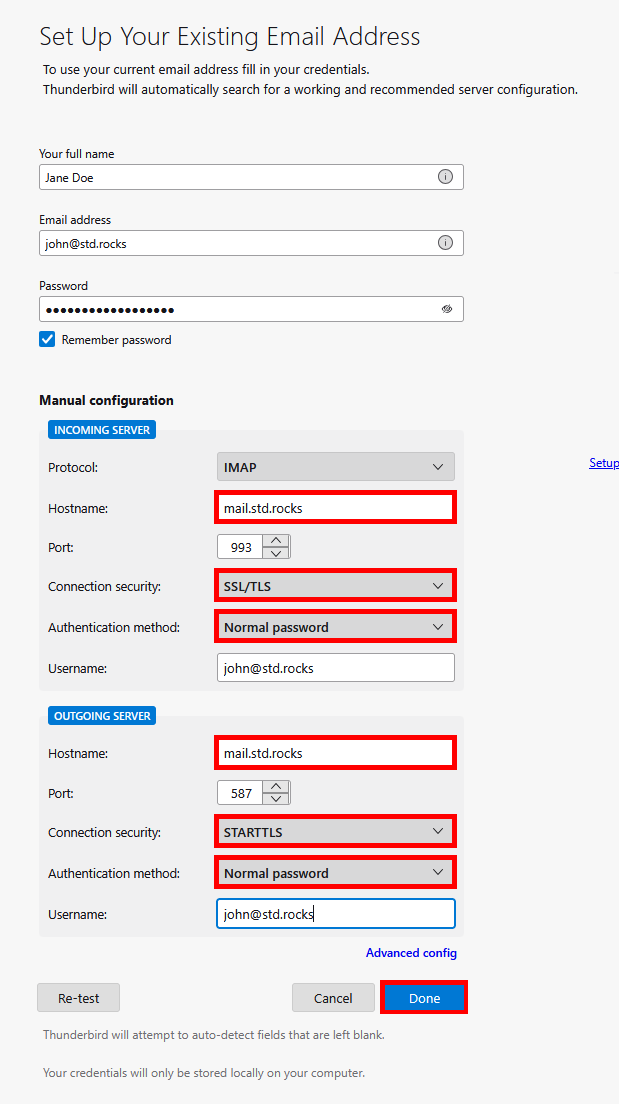 Capture d’écran de la configuration manuelle dans Thunderbird montrant IMAP sur le port 993 avec SSL/TLS et SMTP sur le port 587 avec STARTTLS pour le compte john@std.rocks.
