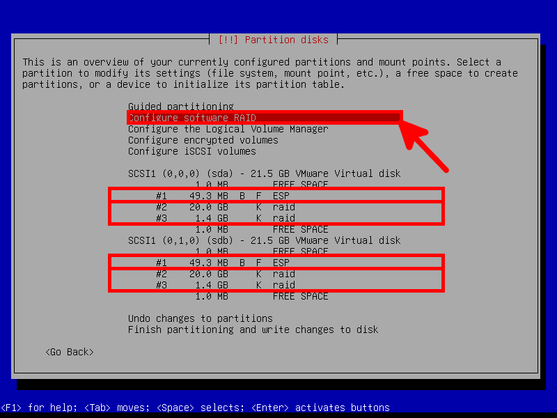 Interface de partitionnement Debian montrant la configuration RAID logiciel et la disposition des partitions pour le démarrage UEFI.