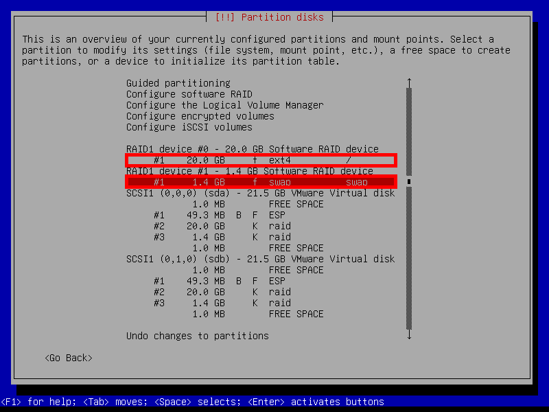 Interface de partitionnement Debian montrant la configuration finale RAID 1 avec des partitions ext4 et swap sur des périphériques RAID.