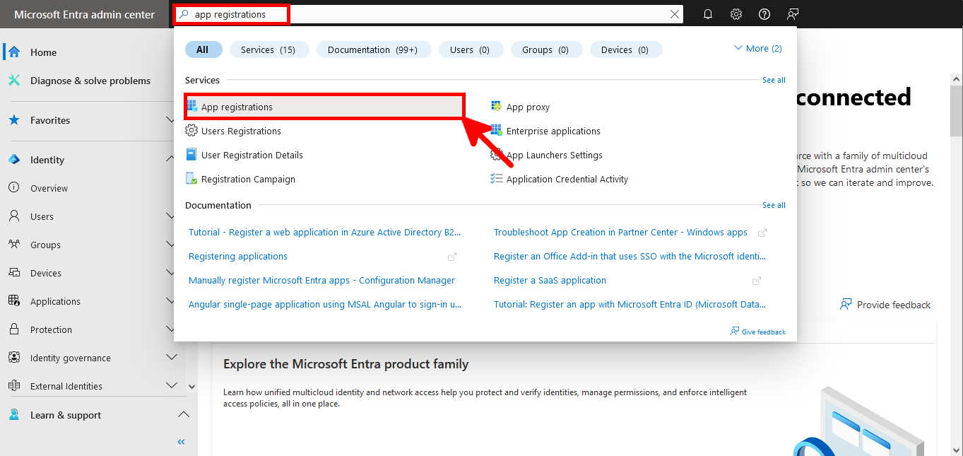 Capture du centre d’administration Microsoft Entra montrant une recherche d’enregistrements d’applications et le résultat correspondant mis en évidence