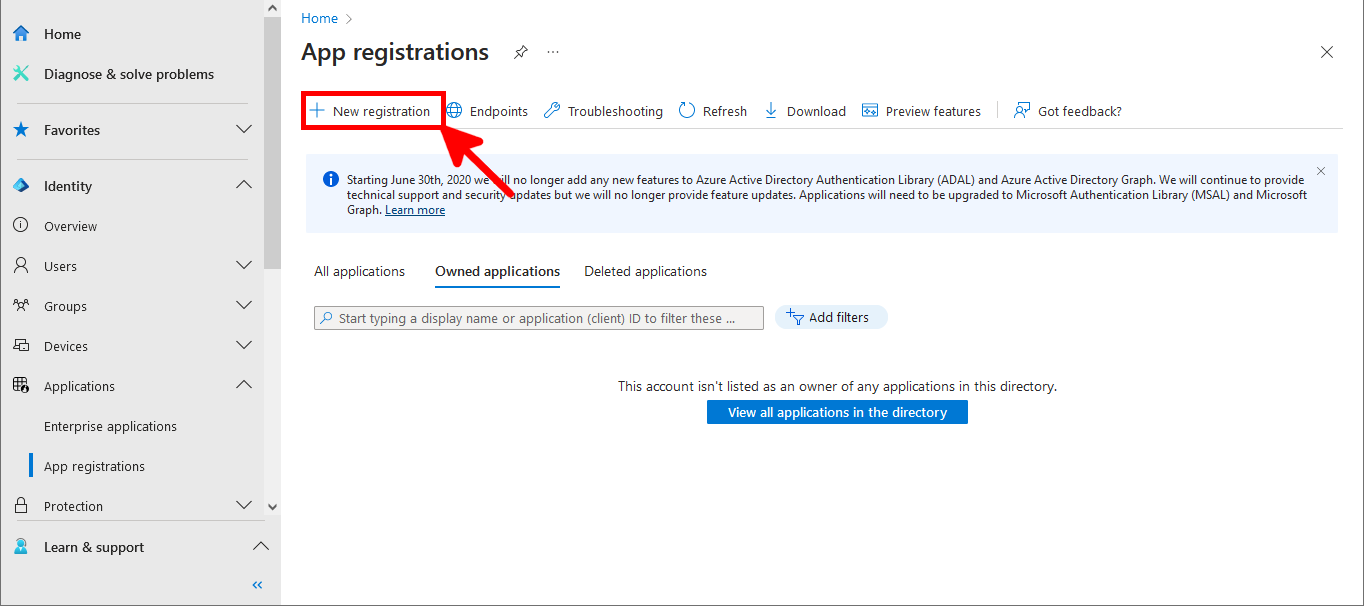 Capture du centre d’administration Microsoft Entra avec le bouton Nouvel enregistrement mis en évidence dans la section App registrations