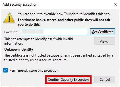 Avertissement de sécurité dans Thunderbird demandant l’ajout d’une exception de certificat pour un serveur CalDAV non approuvé