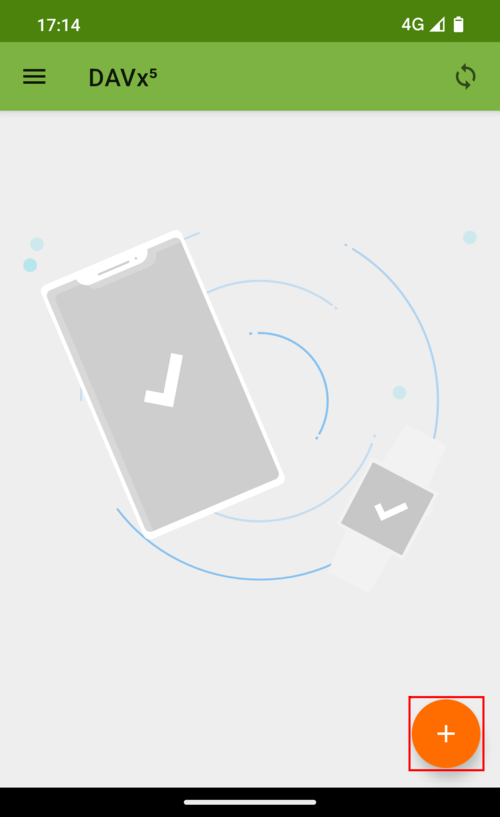 Interface principale de DAVx5 sur Android affichant le bouton d’ajout de compte pour configurer une connexion CalDAV