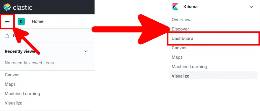Navigation dans le menu principal de Kibana vers la section Dashboard